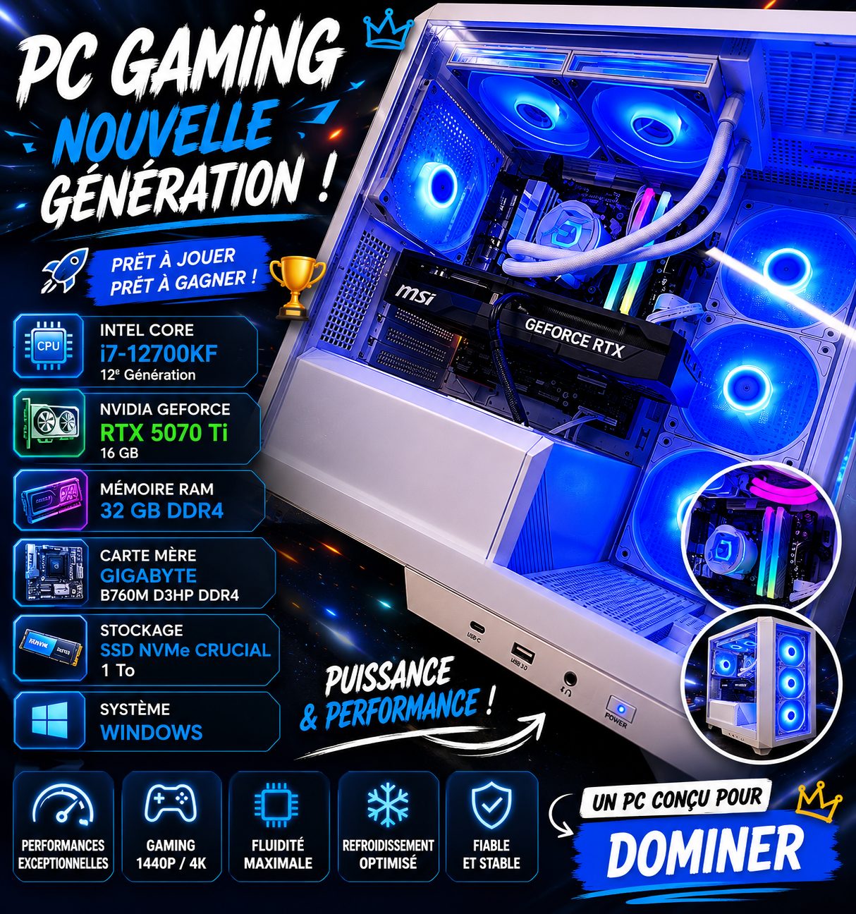 PC Gaming RTX 5070 Ti 16 Go – i7-12700KF – 32 Go DDR4 – SSD NVMe 1 To